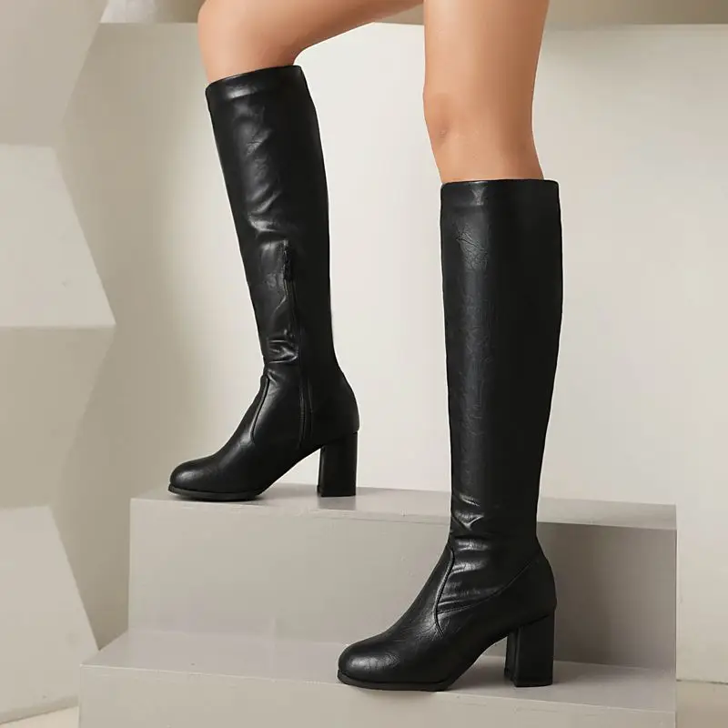 ASILETO Classic Women Knee High Boots Round Toe Block Heels 6.5cm Zipper Large Size 46 47 48 Vintage Daily Lady Riding Booties