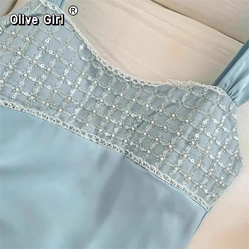 Olivegirl Women's Dress Charming Sequined A-line Square Neck Evening Dresses Occasion Simple Sparkle Silk Satin Floor-Length