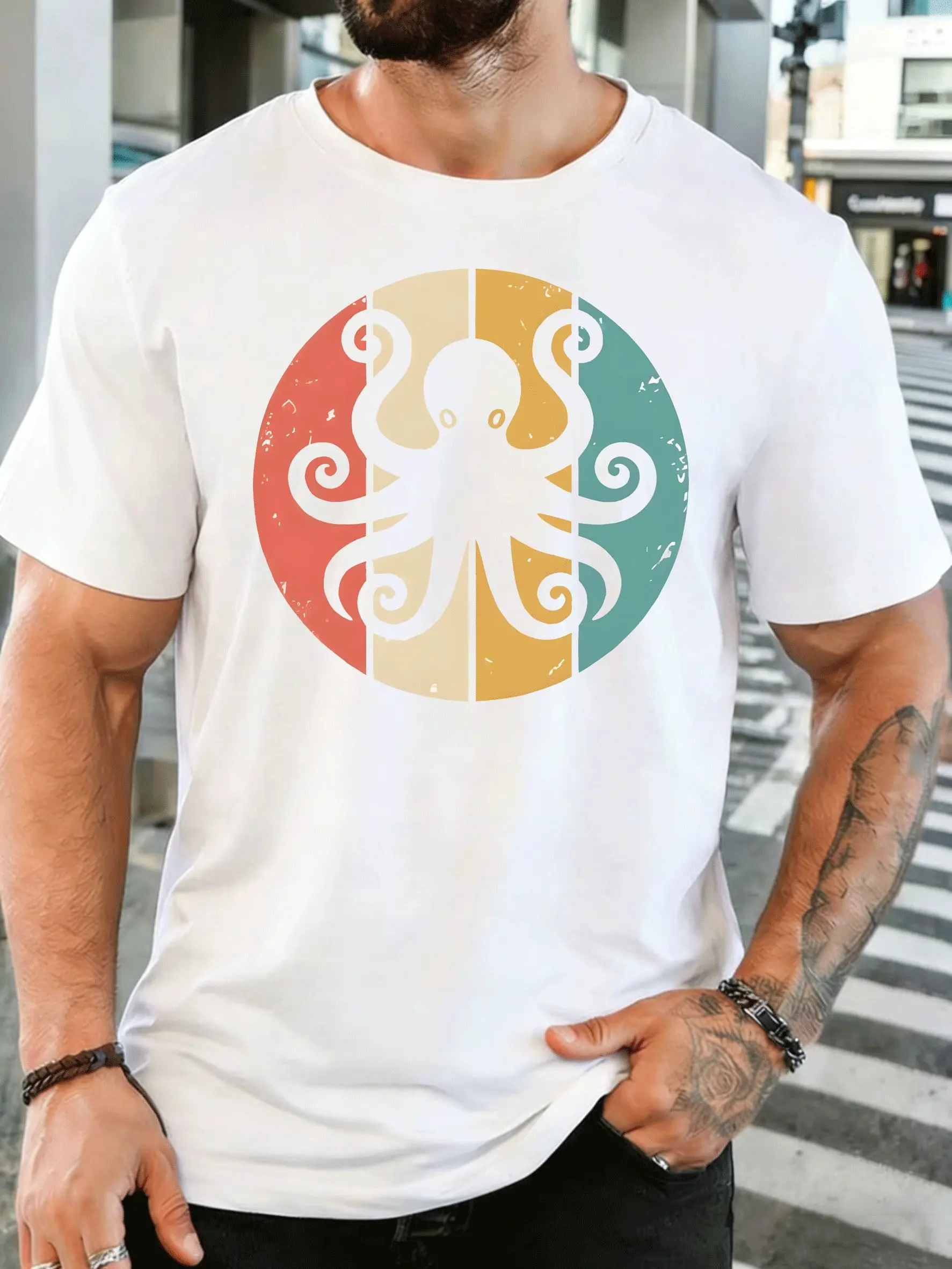 Men O Neck Short Sleeve T Shirt Retro Octopus In Colorful Circle Distressed Print Summer Soft Loose Casual Tee Tops For Guys