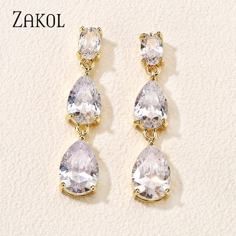 ZAKOL Shiny Oval Cubic Zirconia Water Drop Dangle Earrings for Women Female Delicate Bridal Earring Wedding Jewelry