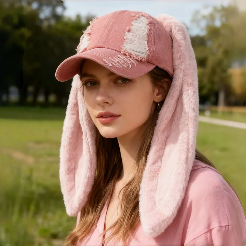 

Trendy Men Womens Baseball Cap with Long Rabbit Ear Cute Universal Lightweight Baseball Hat Bunny Hat Cycling Summer Party Hats