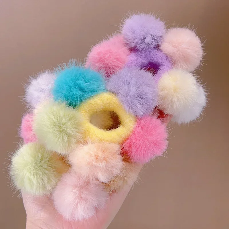 Neue koreanische Plüsch elastische Haar bänder Bonbon Farbe Pompons Haar Seil Krawatten Gummiband Kopf bedeckung Mädchen Kinder Haarschmuck