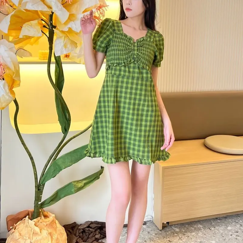 Female Clothing Plaid Sweet Mini Dress Fashion Shirring Folds Summer Short Sleeve Vintage Elegant V-Neck A-Line Commute Dresses