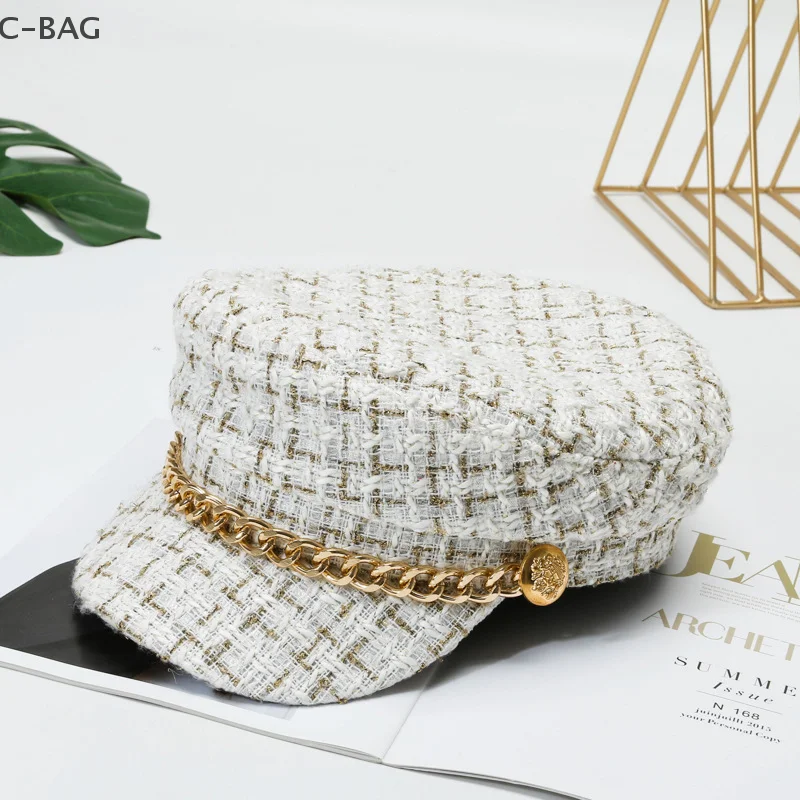 قبعة نسائية مسطحة بسلسلة لؤلؤية، قبعة عصرية، قبعات موزع الصحف، قبعات مثمنة، ملابس نسائية مصممة، الخريف، الشتاء #4