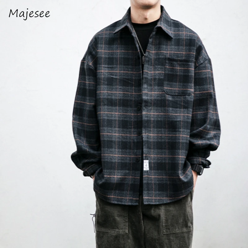 

Shirts for Men Chic Long Sleeve Casual Spring Autumn Daily Streetwear All-match Japanese Style Plaid Retro Fashion Outerwear