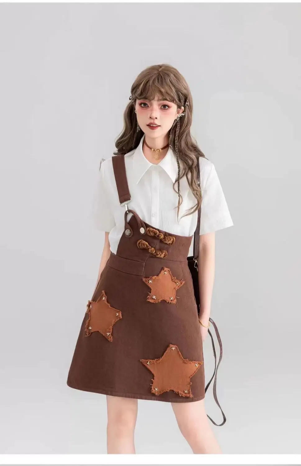 

Brown Denim Summer Cargo Skirt With Suspenders High Waist Pockets A Line Jean Skirt shirt Fashion Trending 2024 New