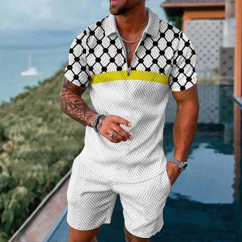 Summer 3D Geometric Print Men Polo Set Zipper Lapel Polo Men Sets Zipper Collar And Shorts 2pcs Sets Holiday style Man clothes