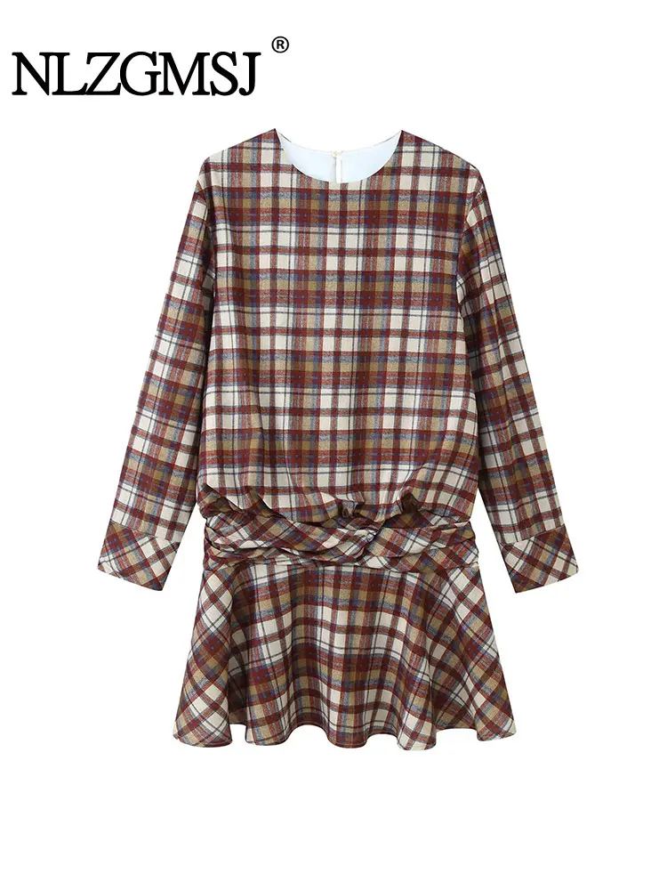 Nlzgmsj 2025 가을 여성 시크 엘레강트 체크무늬 드레스 긴 소매 O넥 주름 슬림 미니 드레스 Y2K