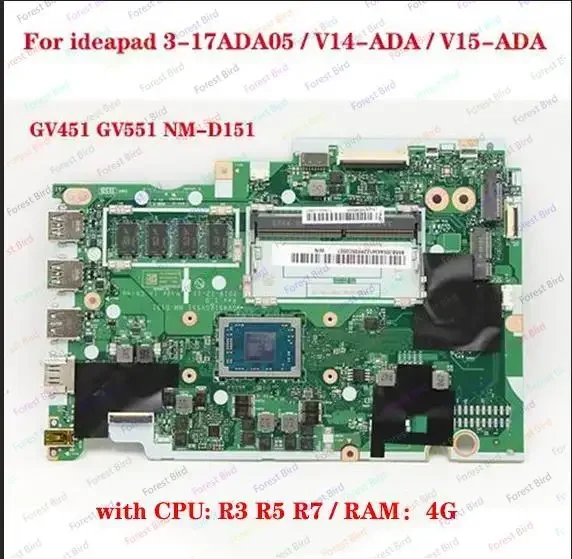 For Lenovo V14-ADA  V15-ADA laptop motherboard Model Number compatible GV451 GV551 NM-D151 with CPU R3 R5 R7 4G-RAM 100% test OK