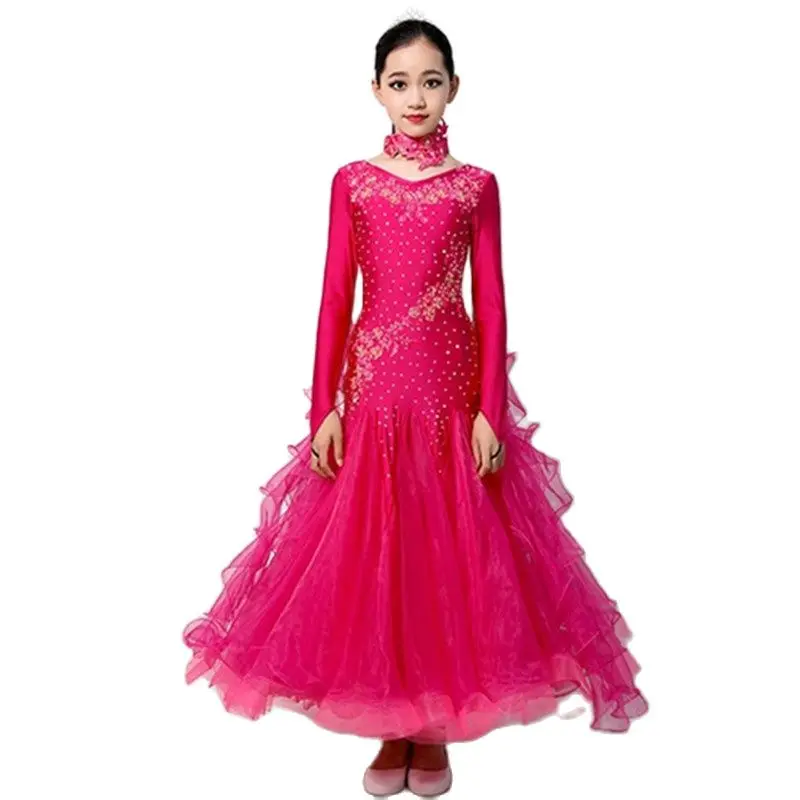 Rose Long Sleeves Girls Ballroom Dance Competition Dresses Waltz Dance Dress For Kids Dance Costumes Ball Gown Princess Costumes