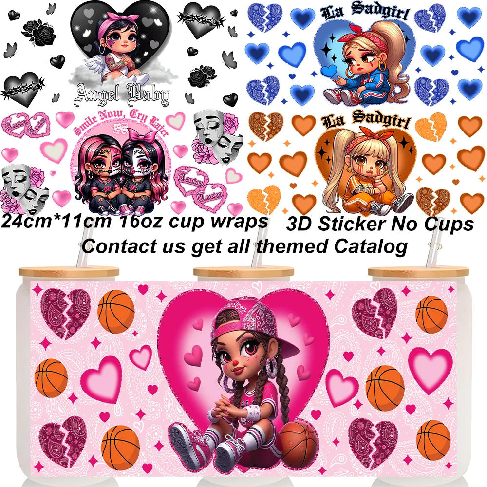 3D UV DTF Cup Wrap for 16oz Libbey Glass Cup La Sadgirl Chicano Cartoon Heart Basketball Waterproof Transfer Sticker Decal