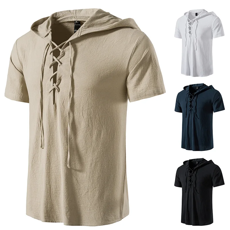 Summer Men's Cotton and Linen Short Sleeved Shirt for Foreign Trade, Chinese Style Tie Up Hooded Short Sleeved Casual Shirt