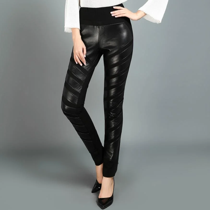 

genuine 2023 Winter fashion women's leather pants high waist casual Sheep skin trousers female black Stretch pencil pants L1590