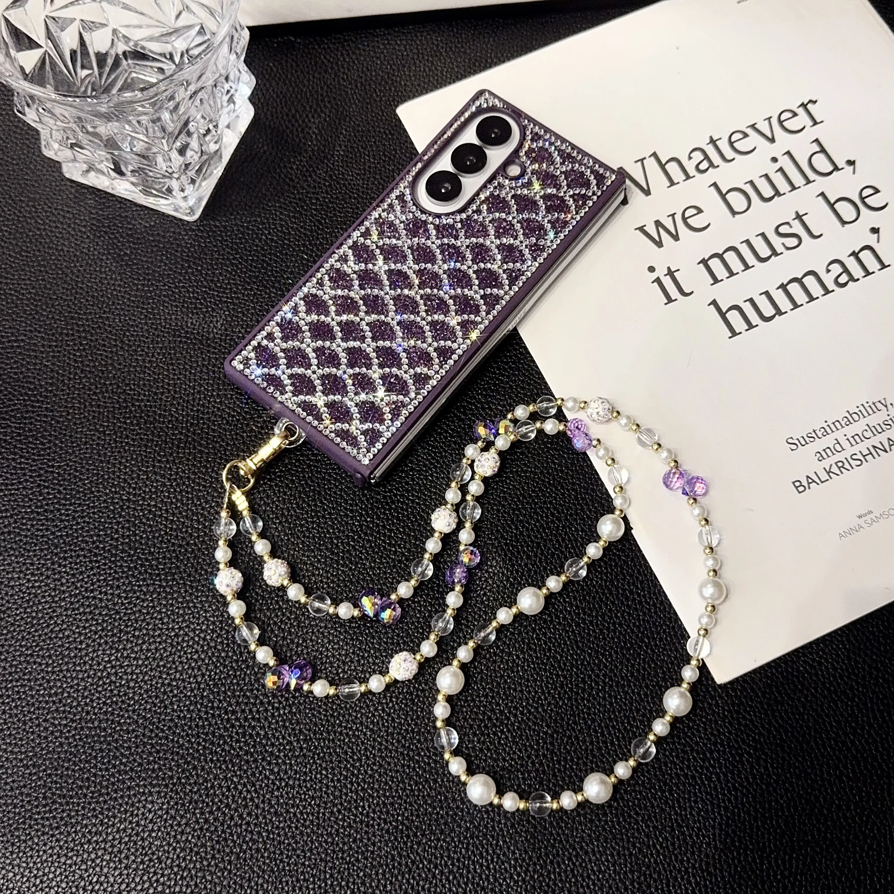 Роскошный уникальный чехол для телефона на запястье с ромбовидной шкалой и кристаллами жемчуга для Samsung Galaxy Z Fold 7, 6, 5, 4, 3