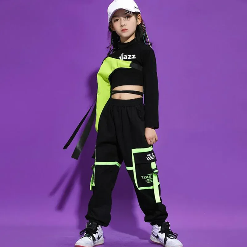 Streetwear Tactical Cargo Pants for Girls Jazz Dance Costume Clothes Kids Ballroom Hip Hop Clothing Outfits Crop Top Sweatshirt