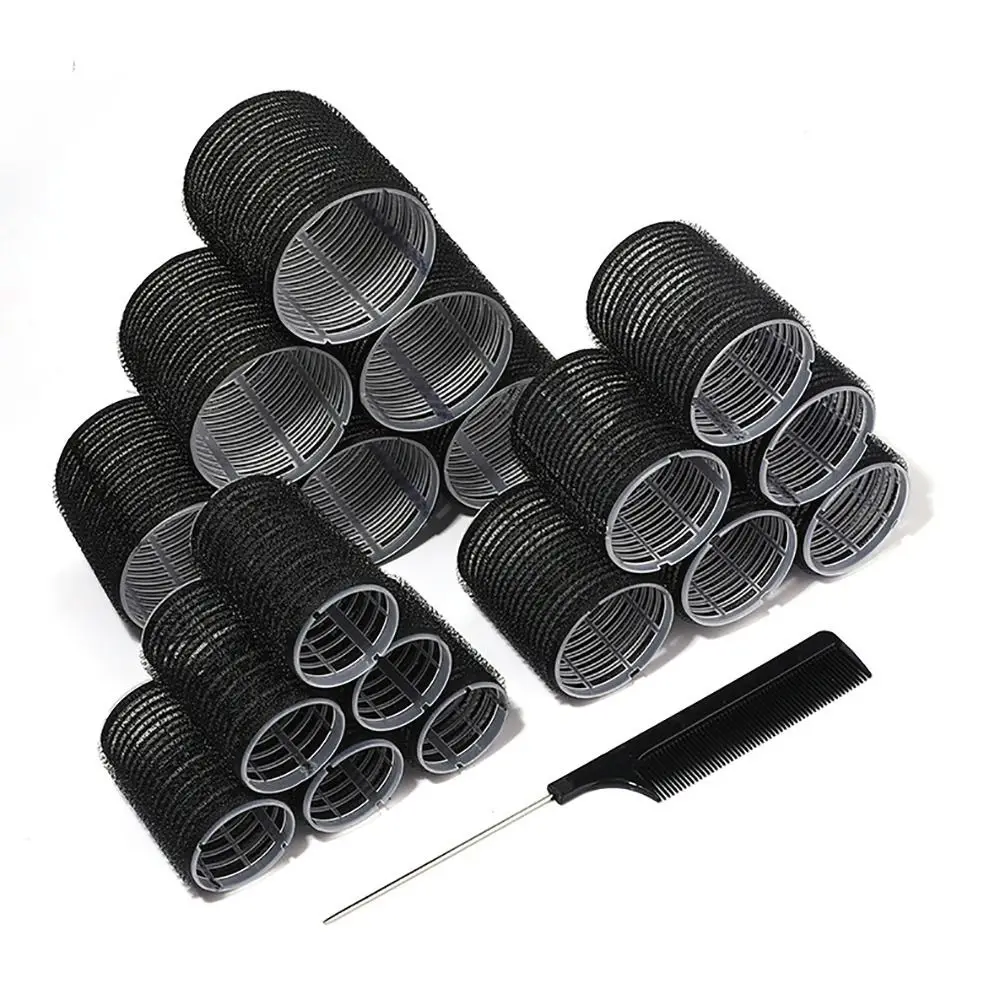 19Pcs/Set Self-Grip Hair Bangs Hair Rollers No Heat Heatless with Comb Hair Curlers Self-adhesive Hook 3 Sizes Curly Hair Stick