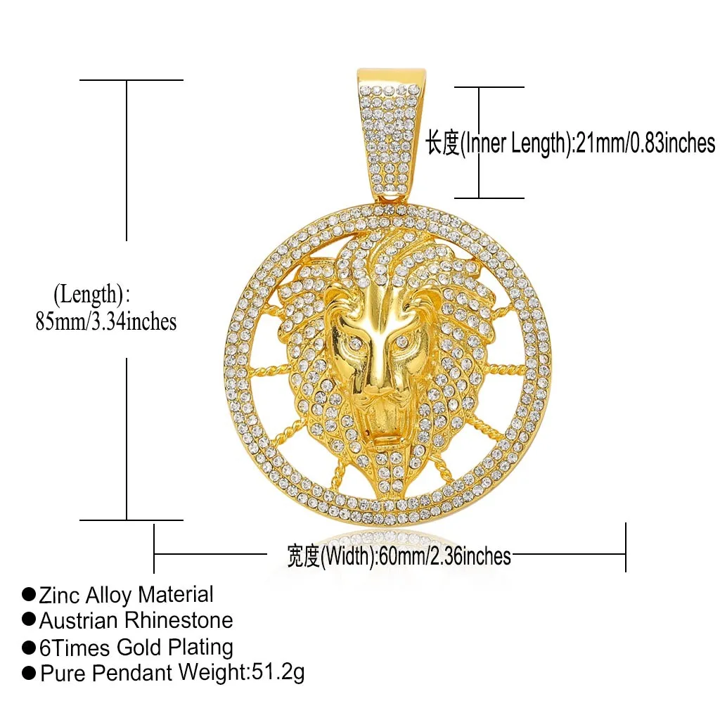 Rhinestone Lion Head Pendant Hip Hop Necklace Vintage Gold Plated Cuban Chain Men's Streetwear Jewelry for men punk rock gifts