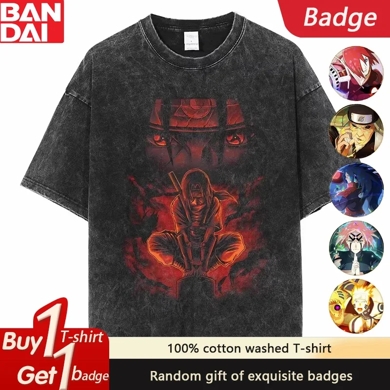 

Official NARUTO Black Washed Tee Men's Sharingan Eye Print with Red Flames & Weapon-Wielding Ninja Anime Design​