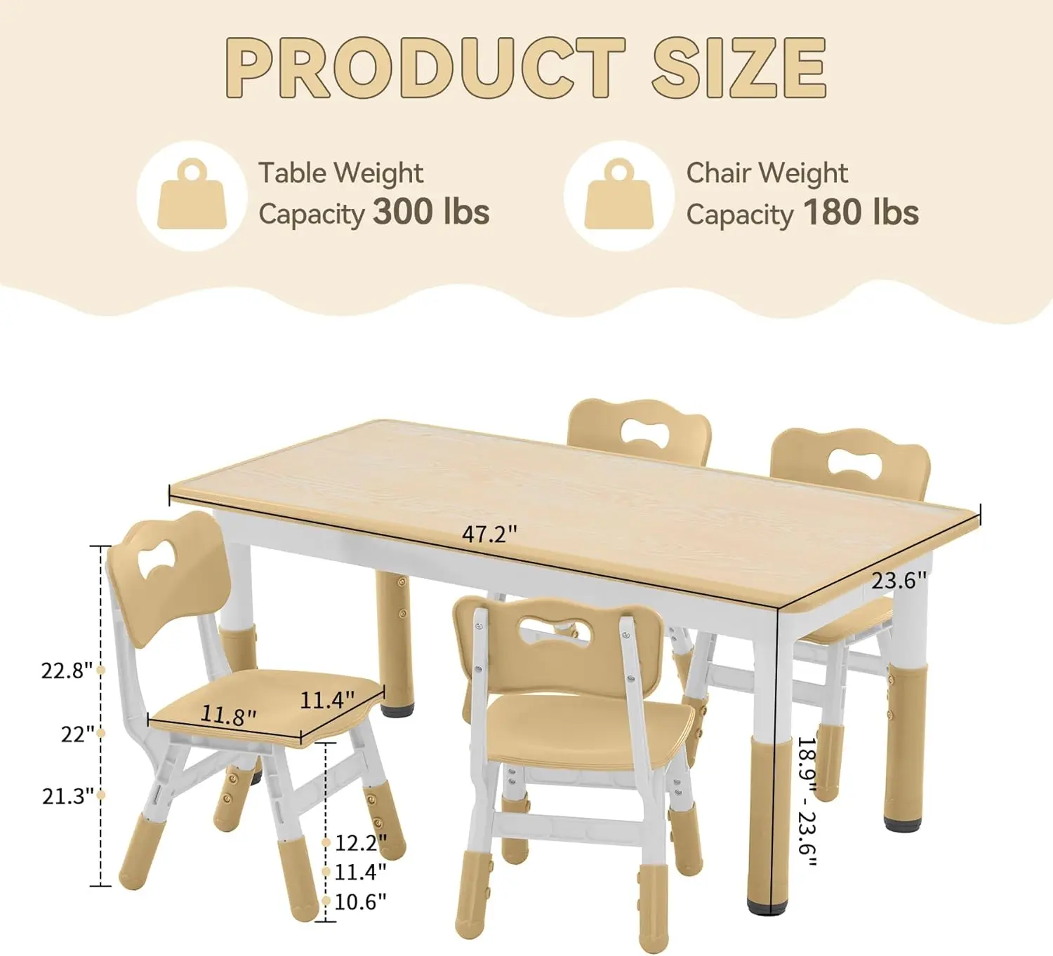 Study Table and Chairs Set, Height Adjustable Toddler Table and Chair Set for Kids Ages 3-8, Graffiti Desktop (Light Brown)
