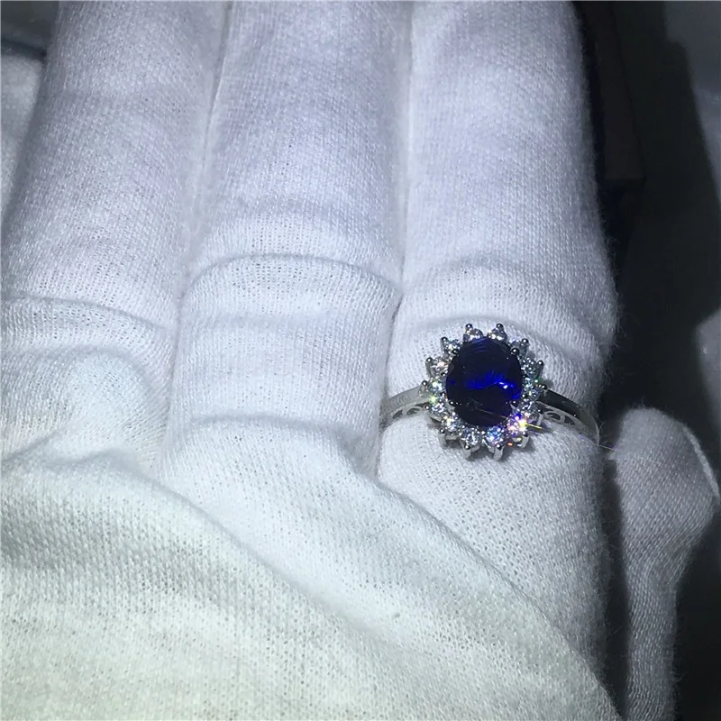 Exquis De Luxe Couleur Argent Incrusté Bleu Zircone Bague De Fiançailles Réception Mariage Bijoux Commémoratifs