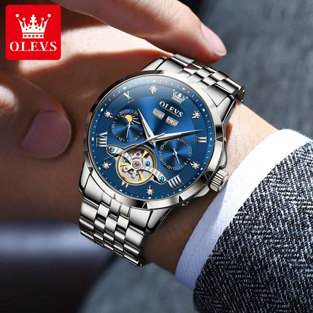 

OLEVS Men Watches Luxury Business Original Automatic Flywheel Mechanical Watch for Man Perpetual Calendar Moon Phase Relojes