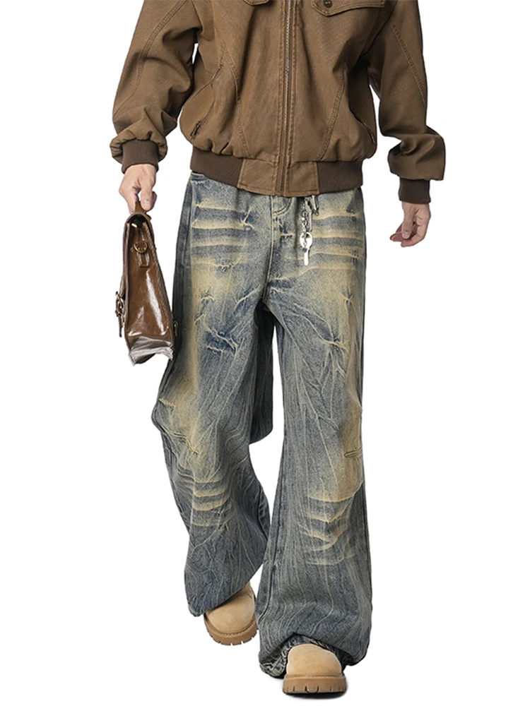 

Мужские джинсы в американском ретро-стиле, новые, весенние, модные, с эффектом потертости, средней посадки, повседневные, прямые, длинные брюки