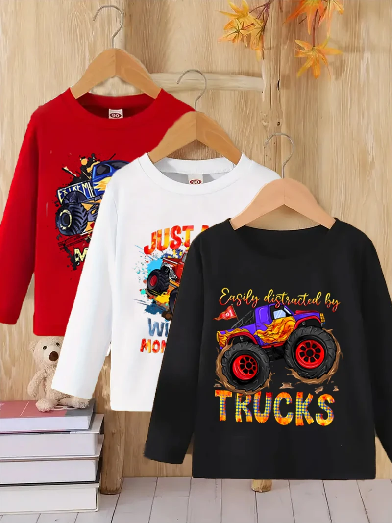 

Children's 3-Piece Long Sleeve Crew Neck T-Shirt, Cartoon Truck Cross Country Print T-Shirt, Suitable For Outdoor Wear