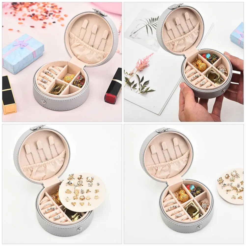 

Круглая шкатулка для украшений, портативный контейнер для хранения с несколькими отделениями, дорожный футляр для организации аксессуаров