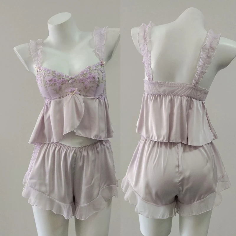 

Комплект нижнего белья в стиле принцессы: топ-камизоль и шорты, 2 предмета, сексуальный кружевной пижамный комплект с цветочной вышивкой, мини-пижама из ледяного шелка для женщин