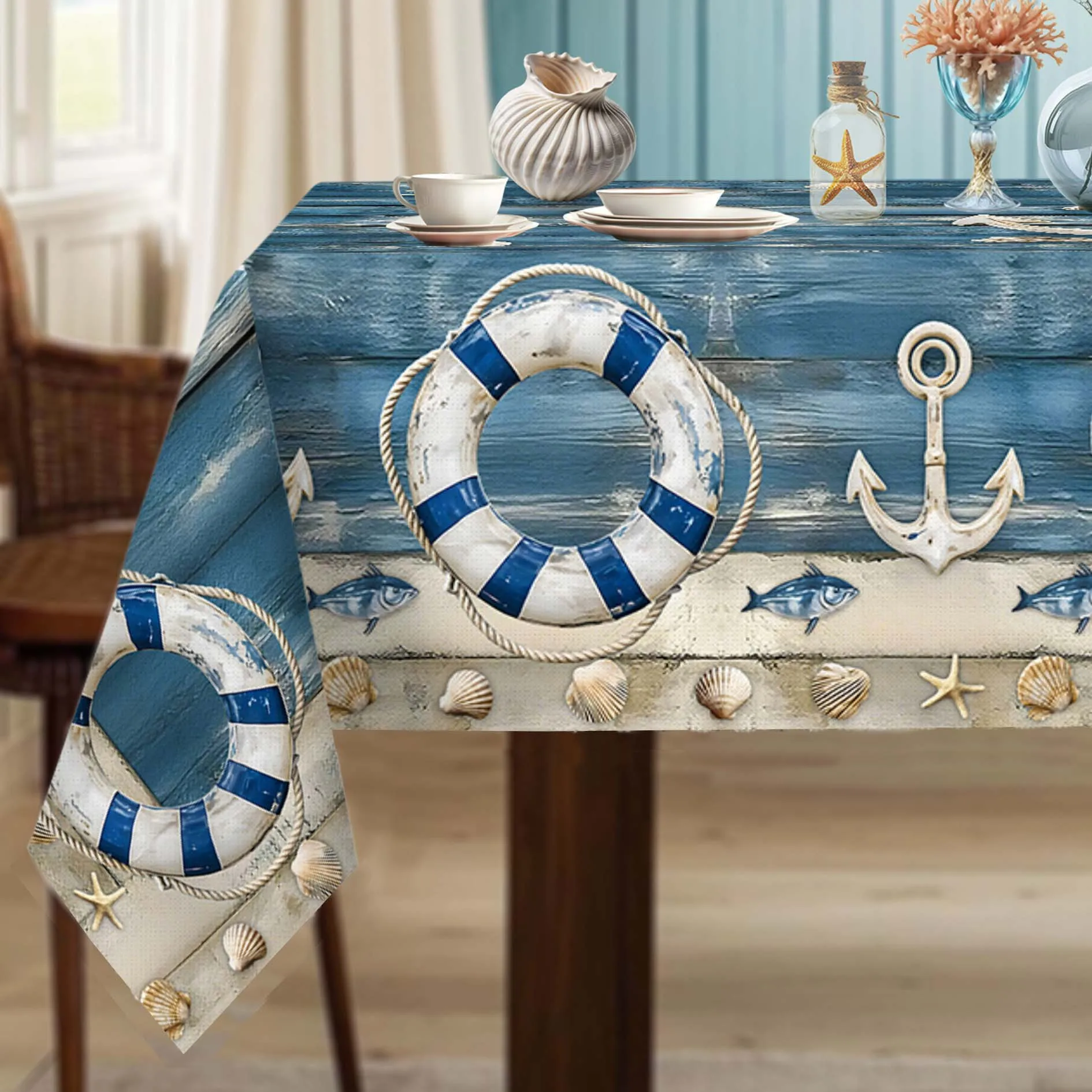 1pc Retro Ocean-Themed Tablecloth – Lifebuoy, Moor & Shell Design | Blue and White Coastal Decor, Durable Polyester Material, Mu
