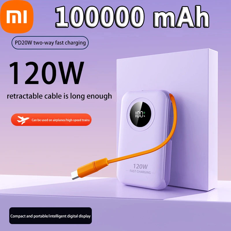 Xiaomi 100000mAh Power Bank Comes With Retractable Cable Bidirectional Fast Charging 120W Portable Power Bank For Iphone Samsung