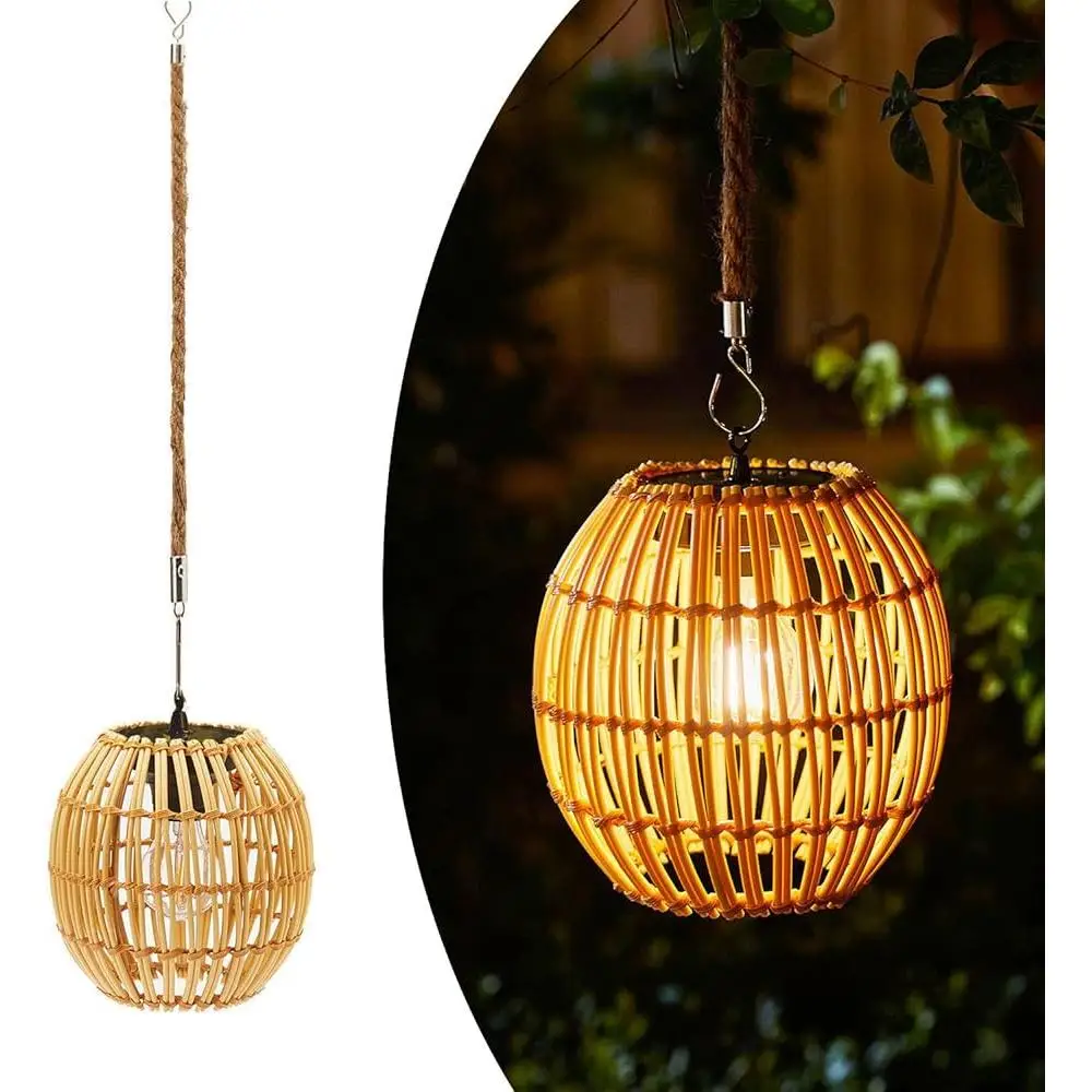 Hanging Solar Lantern Outdoor Waterproof Solar Powered Rattan Lantern Twine Handle LED Edison Bulb Garden Decor Light