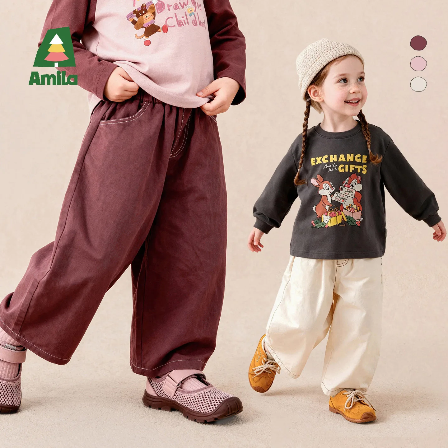 Amila 2026 Autumn New Kids Casual Pants Back Pocket Floral Embroidery Vintage Retro Fashion Comfortable Long Pants Daily Wear