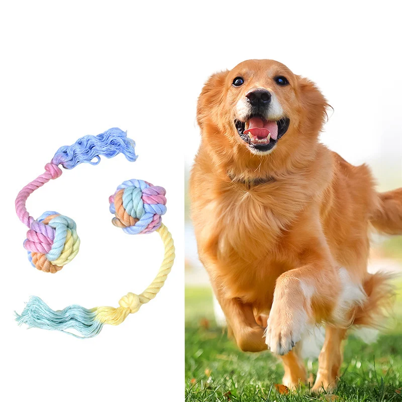 Rainbow Gradient Knotted Rope Ball Dog Chew Toy Bite-Resistant Interactive Tug Toy for Teeth Cleaning Self-Play Pet Accessories
