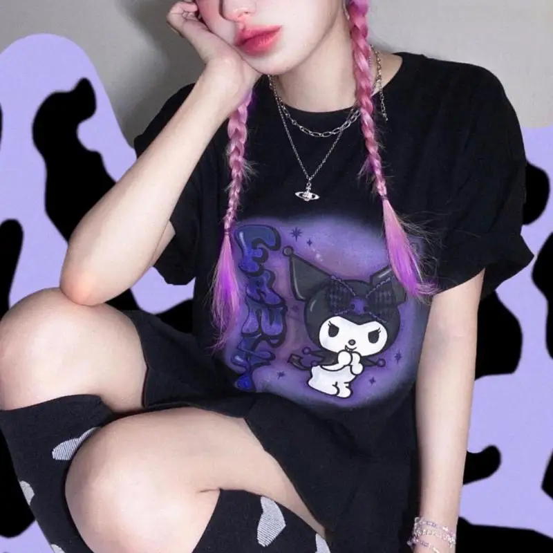 kuromi Japanese Harajuku Gothic Dark T-shirt Women Cartoon Hip Hop Y2k Summer Fashion Loose T-shirt Oversized Couple Tops Clothi