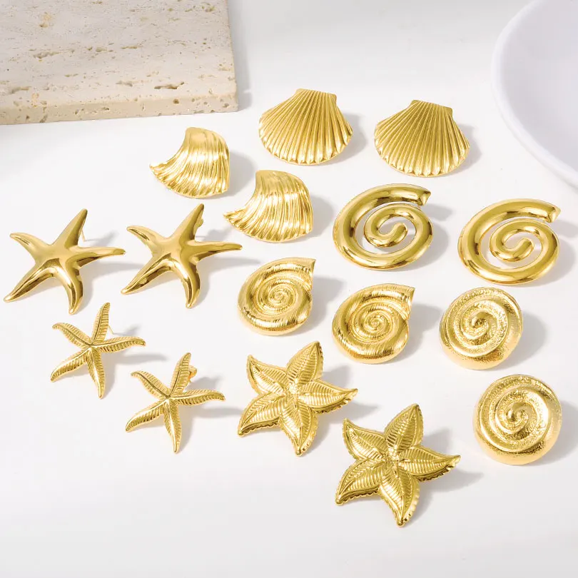 Sea Star Jewelry Real Gold Plated Earring Stainless Steel Conch Shell Ear Studs For Women Men Summer Beach Earring Piercing Gift