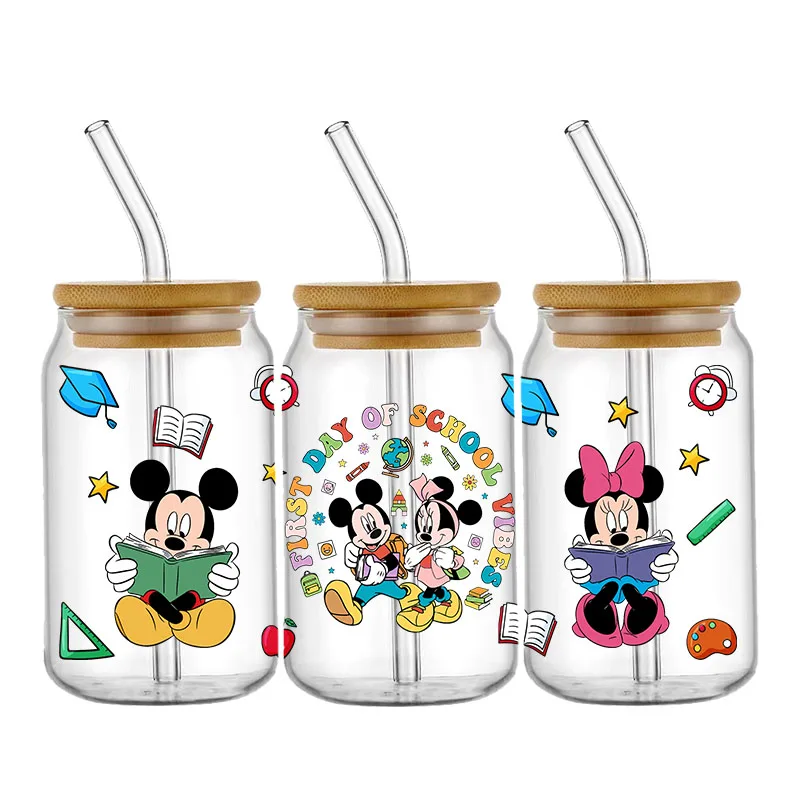 Disney Back to School Character UV DTF Wraps Transfer Sticker DIY For 16oz Libbey Glass Cup Waterproof Wrap Transfers Decals Cup