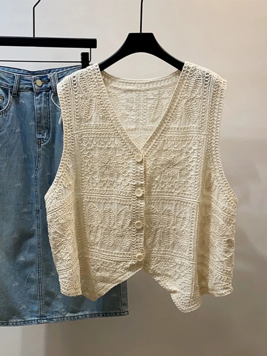 

Кружевной полый V-образный вырез Svel irt, женский летний однотонный художественный жилет без рукавов, многослойный топ, тяжелый лесной Sy...