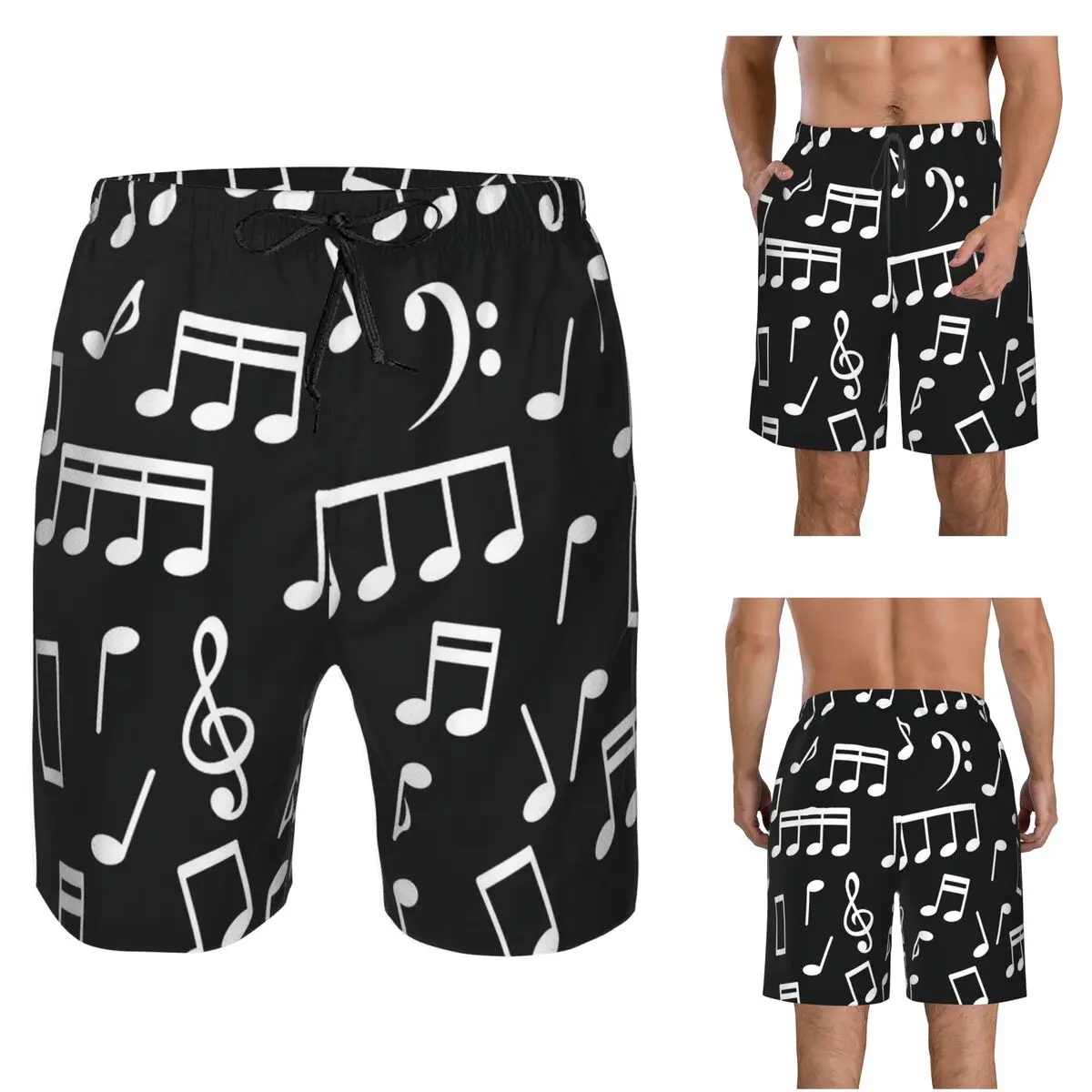 White Music Notes On Black Background Trunks Beach Board Shorts Casual Quick Dry Swimming Summer Men Pants