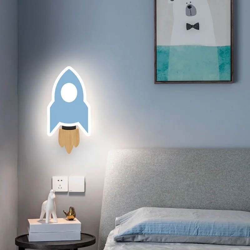 Lámpara de pared LED con cohete de dibujos animados, iluminación moderna para habitación de niños, dormitorio de niños, decoración de cabecera,