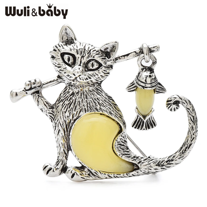 Wuli&baby Vintage Take A Fish Cat Brooches For Women's Clothes Backpack Pins 2-color Animal Brooch Badge Gifts