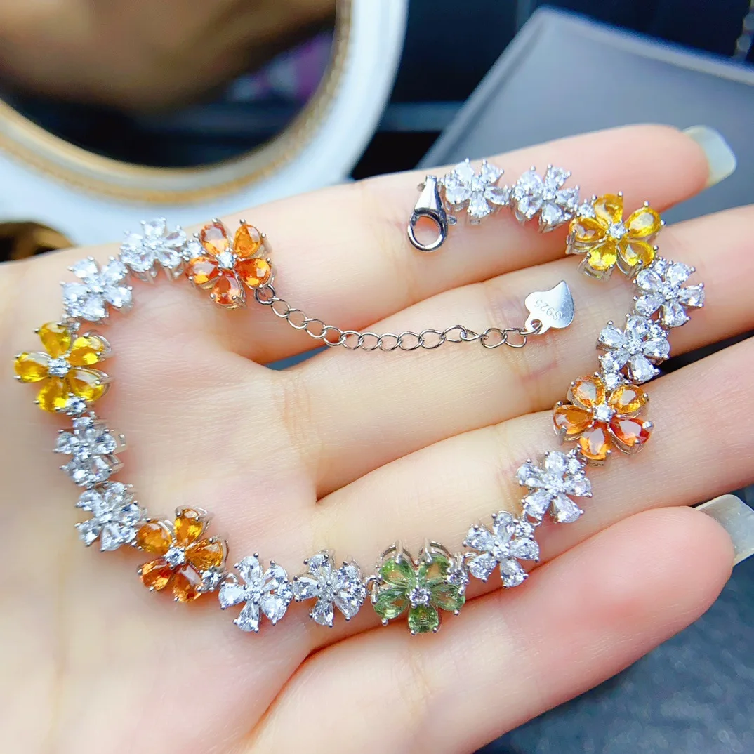 Natural Multicolor Sapphire Flower Bracelet 3x4mm S925 Silver with CZ Accent Adjustable Floral Rainbow Tennis Bracelet