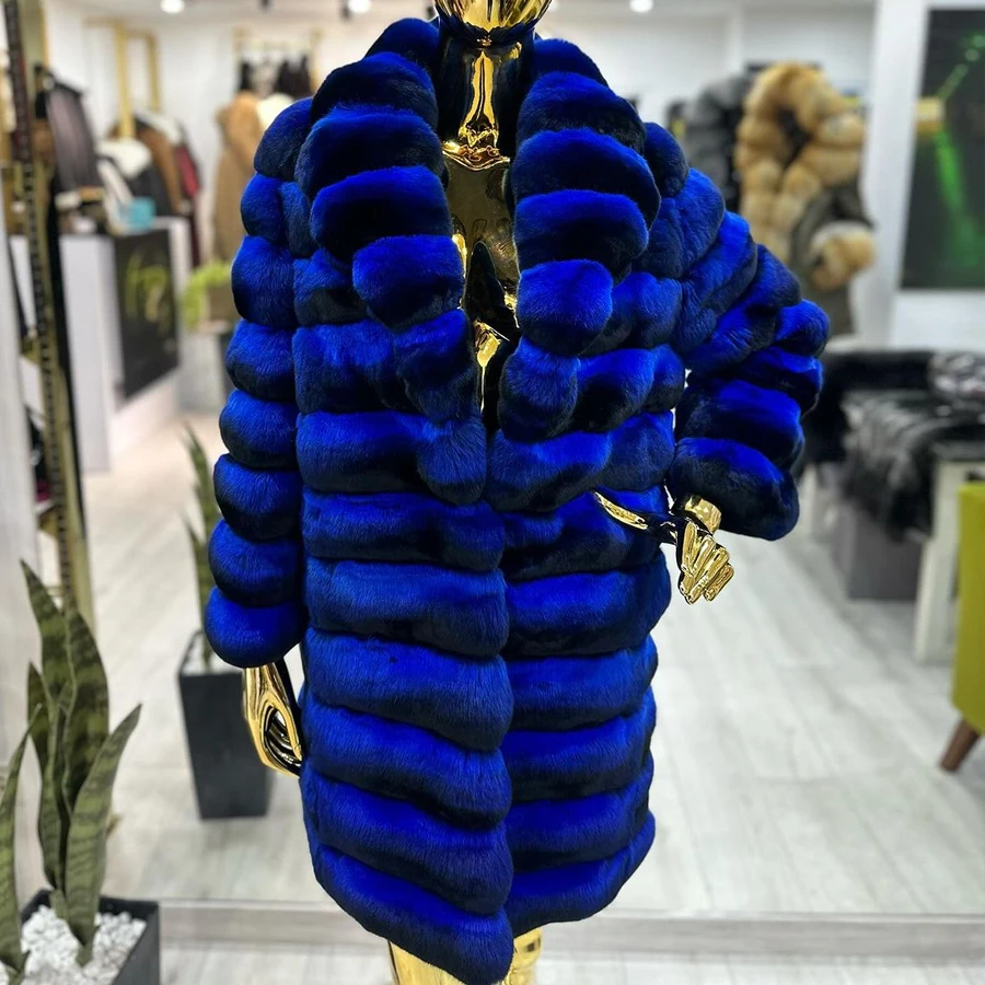 Womens Rabbit Coat With Turndown Collar Real Rex Rabbit Fur Coats 2024 New Chinchilla Color Fur Coats