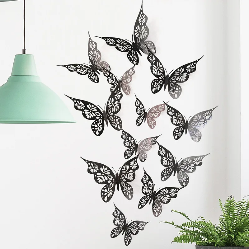 12 Pieces 3D Hollow Butterfly Wall Sticker Bedroom Living Room Home Decoration Paper Butterfly