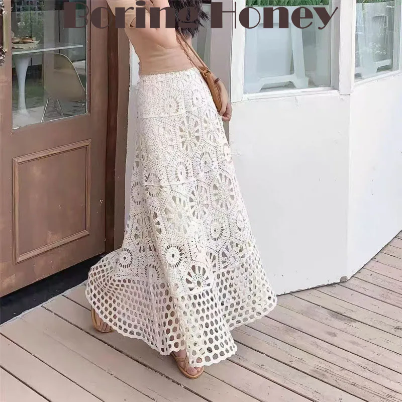 

Boring Honey National Style Hollow Out Crocheted Knit Skirt Bohemian Holiday Style Drape Big Swing A-Line Skirt Beach Dress Wome