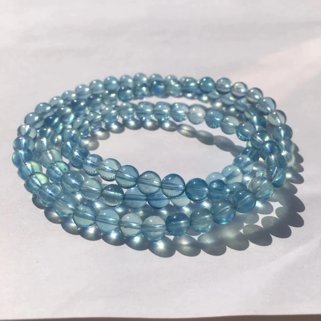 Natural Blue Aquamarine Clear Round Beads Bracelet 5.8mm 3 Laps Women Men Brazil Stretch Blue Aquamarine Jewelry AAAAA