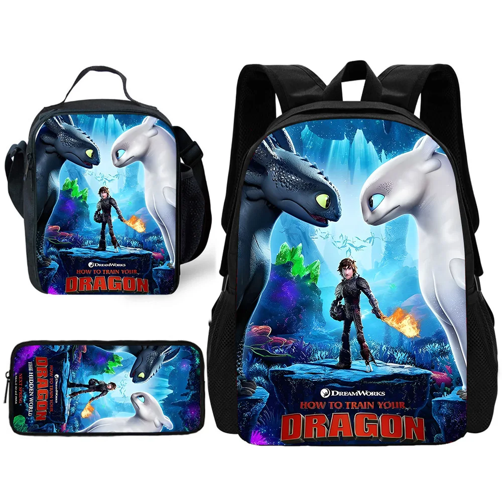 3 pcs set Cute anime Toothless Child School Backpack with Lunch Bags ,Pencil Bags ,School Bags for Boys Girls Best Gift