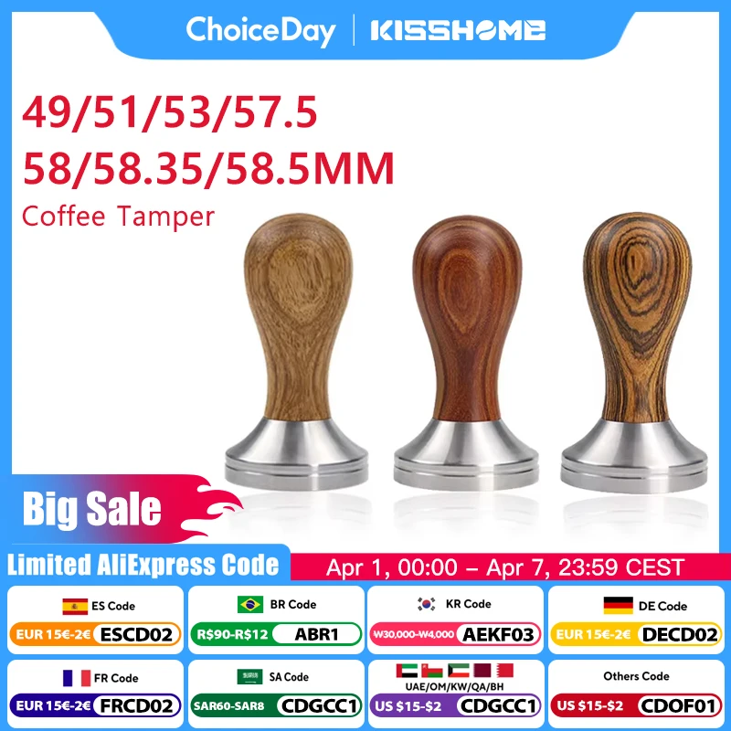 Kaffee-Stampfer, 41 mm, 49 mm, 51 mm, 53 mm, 57,5 mm, 58,35 mm, Holzgriff, Edelstahl, Delonghi Breville Barista, Espresso-Zubehör