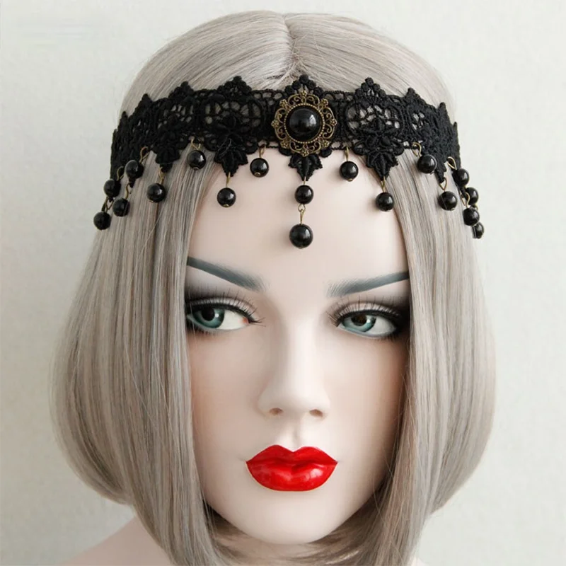 Koraliki czarny opaski do włosów dla kobiet dziewczyn Neo-gotycki kwiat koronki Tiara nakrycia głowy kobiet impreza z okazji Halloween moda szlachetna biżuteria