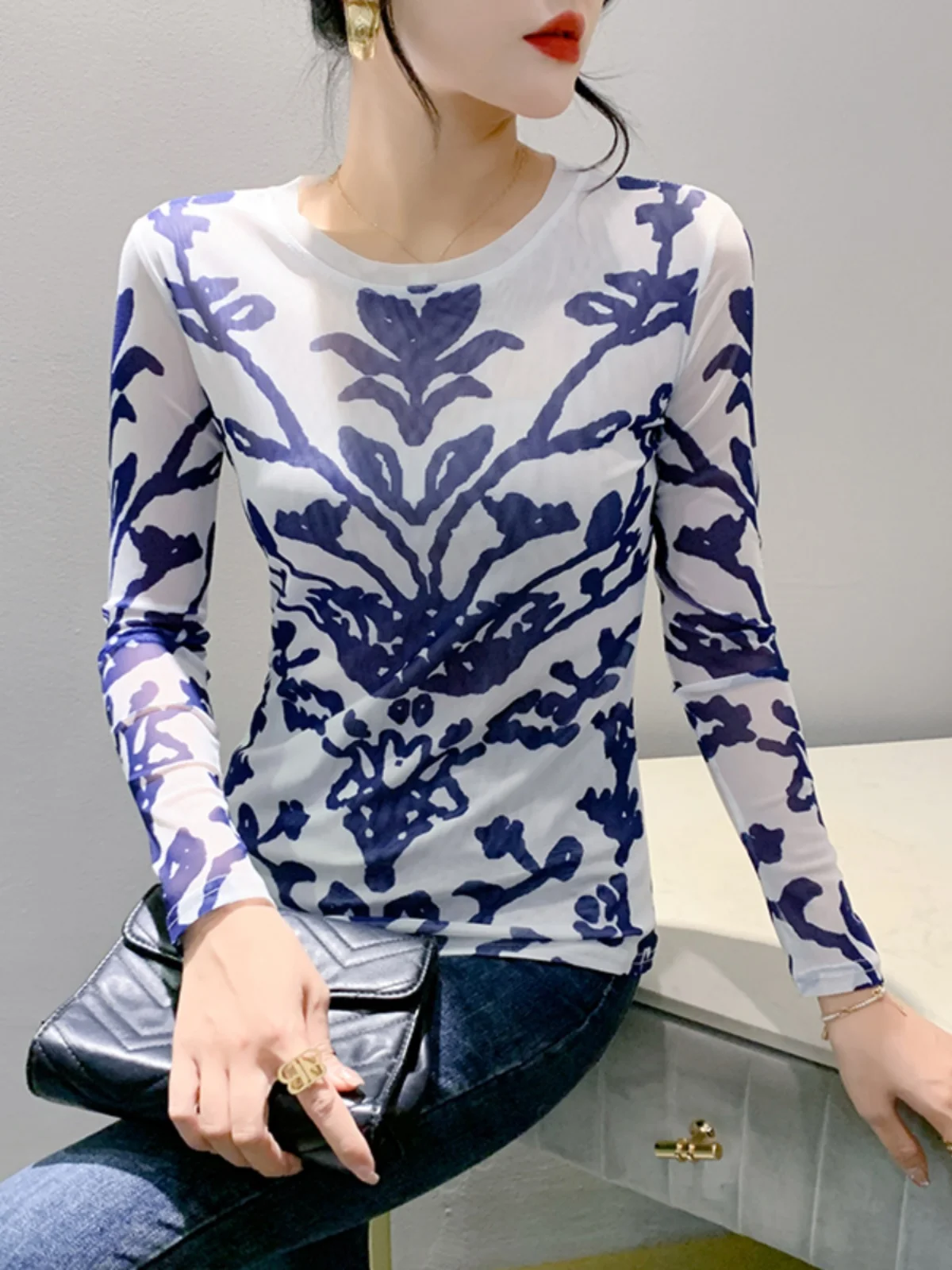 Fashion Printing Positioning Flower Long Sleeved Round Neck Slim Fit Top Women Autumn Spring Stretchy Mesh T-shirts FF0875